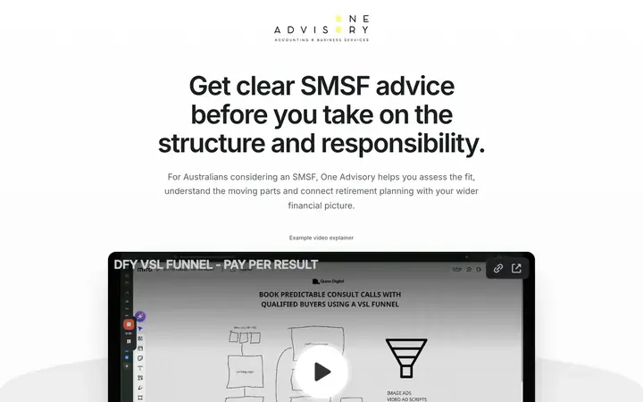 Landing page preview for One Advisory